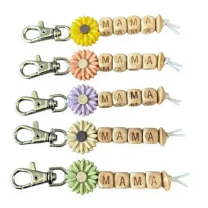 Mother Day Gift Wooden Alphabet Letter Beads Sunflower Charm Keychain Metal Silicone Clasp Tassel Pendant Bag Hanging Ornament Jewelry For Women