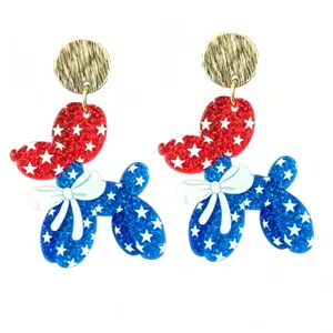 Detailed view of patriotic red white and blue glitter balloon dog acrylic earrings.