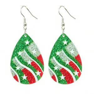 Festive teardrop earrings featuring sparkling green, red, and silver glitter with cute white star details.