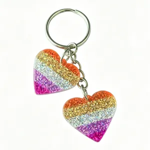 Glitter double heart keychain, sparkling charm keyring for bags and keys accessory.