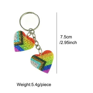 Colorful glitter double heart keychain with rainbow design, length 7.5cm, 5.4g lightweight.