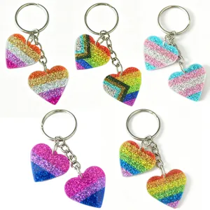 Colorful glitter double heart keychains set, cute pride flag bag charms and key rings for daily use.