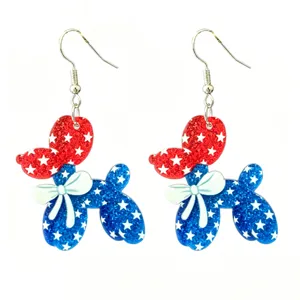 Patriotic Balloon Dog Earrings Red White Blue Glitter Star Bow Independence Day Jewelry