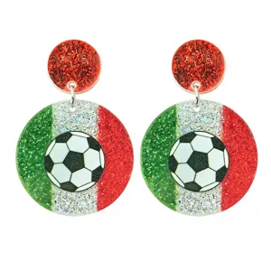 Close-up of Italian flag soccer ball dangle earrings with shiny glitter acrylic design for fans.