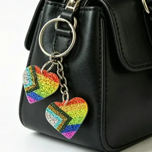 Colorful glitter heart bag charm keychain, stylish metal ring pendant for handbag decoration.