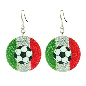 Glitter soccer round dangle earrings with Italian flag colors stylish sports jewelry detail shot.