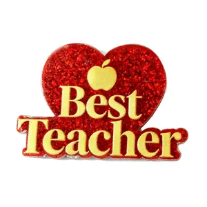 Glitterende rode hart Beste Leraar broche met gouden appel detail, leuk cadeau.