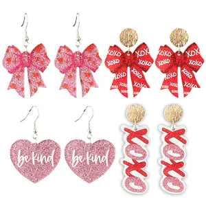 Boucles d'Oreilles en Acrylique Imprimé Nœud Cœur XOXO Saint-Valentin pour Femmes Tige en Cuivre Boucles d'Oreilles Pendants Pailletés Bijoux