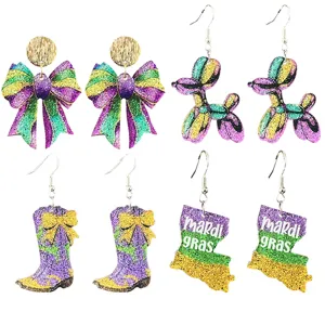 Mardi Gras Carnaval Glitter Acryl Hangende Oorbellen Voor Dames Bedrukte Strik Ballonhond Cowboylaarzen Kaart Oorbellen Feest Sieraden