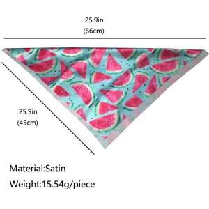 Cute watermelon pet bandana made of smooth satin fabric with clear size and weight specs.
