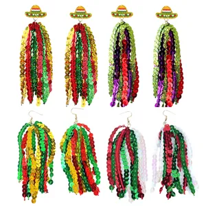 Cinco De Mayo Mexican Sombrero Hat Drop Earrings For Women Shiny Sequin Tassel Festive Parade Dangle Earrings Costume Party Jewelry