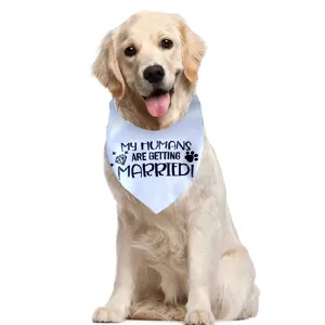 Closeup of a cute pet wedding bandana in light blue with custom printed lettering detail.