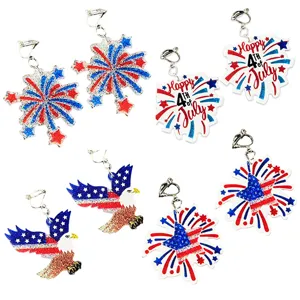 Unabhängigkeitstag Acryl Clip On Ohrringe Für Damen Kinder Glitzer Feuerwerk Stern Patriotische Hängeohrringe Ohne Ohrloch Schmuck
