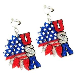 USA Flagge Sonnenblume Clip Ohrringe fuer Damen Kinder 4. Juli Acryl patriotischer Schmuck