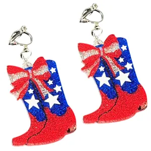 Unabhängigkeitstag Acryl Cowboy Stiefel Clip Ohrringe mit Glitzer Sternen und Schleife für Frauen.