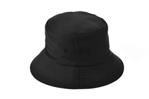 Close-up detail shot of the black cotton bucket hat showing the fine stitching and fabric.