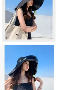 Wide brim sun hat for women summer UV protection black fisherman hat outdoor beach travel.