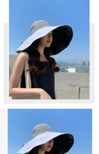 Detail view showing women's wide brim sun hat with UV protection and breathable mesh top.