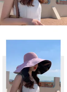 Detailed view of women's wide brim sun hat with mesh top and UV black lining for summer.