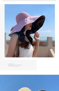 Women wide brim sun hat summer UV protection empty top mesh fisherman hat with bow detail.
