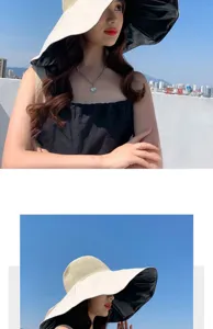Women's wide brim sun hat summer UV protection black glue bucket hat detail presentation