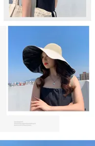 Wide brim sun hat detail view, breathable mesh top and UV protection black lining for women.