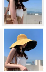 Detailed view of women's wide brim sun hat with anti-UV black coating and breathable mesh top.
