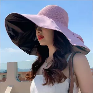 Women large brim sun hat summer UV protection breathable mesh beach bucket hat pink