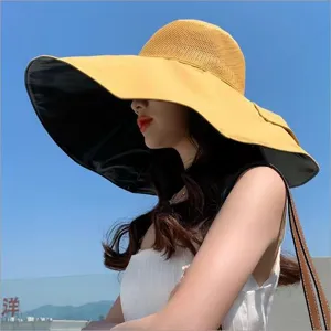 Womens wide brim sun hat anti UV black glue mesh summer bucket hat for outdoor travel.