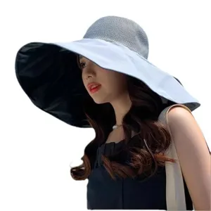 Women wide brim sun hat summer UV protection empty top mesh breathable anti-ultraviolet beach cap