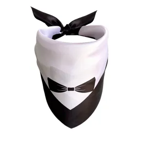 Detailed view of the black and white pet wedding bandana with cute bow tie design.
