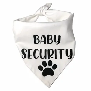 White pet bandana with baby security and paw print, adjustable neck scarf for dogs cats.