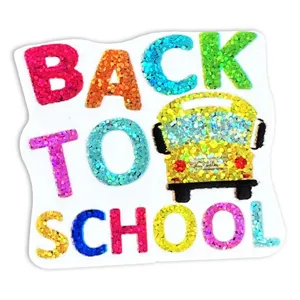 Colorful glitter Back to School patch with cute school bus design, perfect for iron on decor.