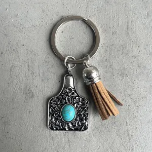 Western Cowboy Vintage Bull Head Tag Pendant Alloy Keychain Turquoise Inlaid Faux Leather Tassel Key Ring Accessory For Men Women Gift