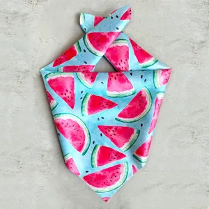 Watercolor watermelon pattern pet bandana detail, cute triangle scarf for dogs and cats summer wear.