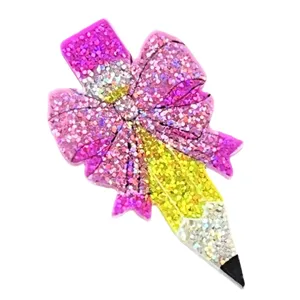 Glitter pencil bow brooch for teachers and students, back to school gift fashion accessory.