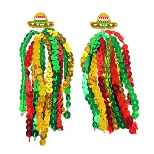 Detailed shot of Mexican Cinco de Mayo sombrero sequin tassel earrings for party festival.