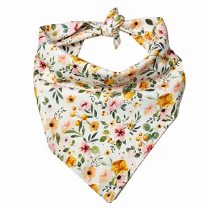 Pet bandana floral pattern detail, vintage boho cat dog scarf close-up printing.