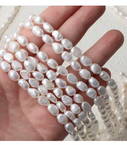 Natural freshwater baroque pearl strands, 6-7mm irregular coin shape, smooth shiny handmade.