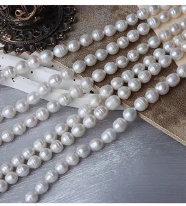 Detailed view of 7mm natural baroque freshwater pearls strands for DIY handmade jewelry design.