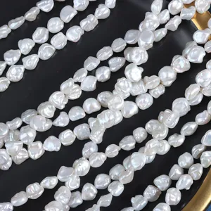 Natural baroque freshwater pearl strands, 7-8mm irregular white pearls detail view.
