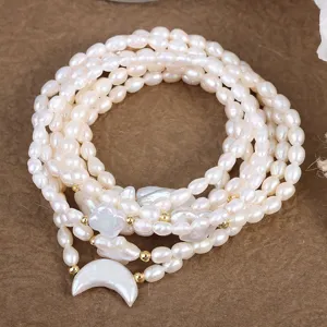 Natürliche Barockperle Armband mit süßem Muschel Mond Anhänger mehrsträngiger eleganter Schmuck