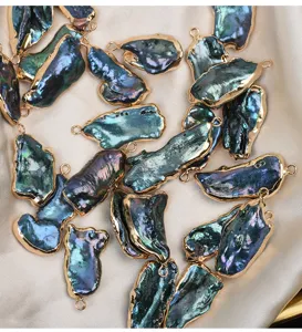 Colorful baroque freshwater pearl pendants with gold edges for DIY jewelry making accessories.