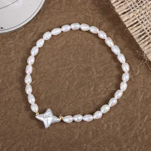Natürliches Barockperlen Armband mit Sternanhänger Vintage elastischer Schmuck Damen