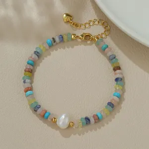 Pulsera de cuentas coloridas con perla barroca, cadena dorada ajustable, joyería moderna.