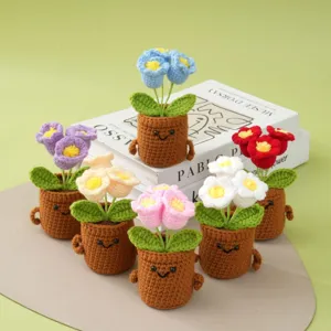 Handmade Knitted Lily of the Valley Potted Plant Cute Smiley Face Crochet Flower Home Office Desk Decor Birthday Gift