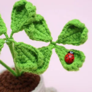 Close-up of handmade crocheted four-leaf clover potted plant with a tiny ladybug detail.
