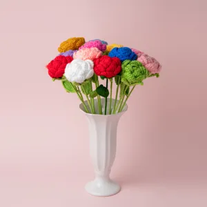 Handgefertigt Häkeln Wolle Rosenblüte Zweig Gestrickter Rosenstrauß Valentinstag Geschenk Heimdekoration Künstlicher Blumenstiel