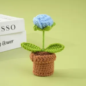 Planta en maceta de rosa azul de ganchillo hecha a mano adorno de escritorio regalo
