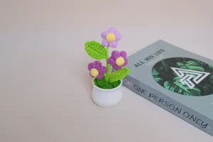 Handcrafted crochet potted flower desktop ornament miniature green plant home decor gift.